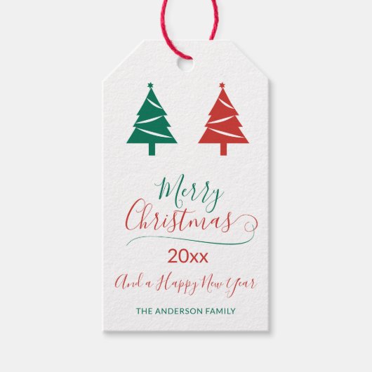 Vrolijk kerstfeest met groene kerstbomen Klassieke Cadeaulabel (Voorkant)