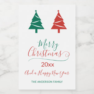 Vrolijk kerstfeest met groene kerstbomen voedselcontainer etiket