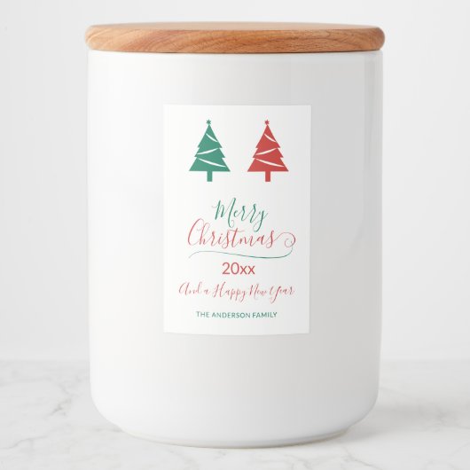 Vrolijk kerstfeest met groene kerstbomen voedselcontainer etiket (Voorkant)