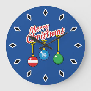 Vrolijk kerstfeest met hangende ballen grote klok
