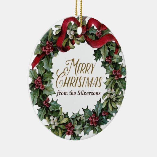 Vrolijk kerstfeest met Holly Mistletoe Gepersonali Keramisch Ornament (Rechts)