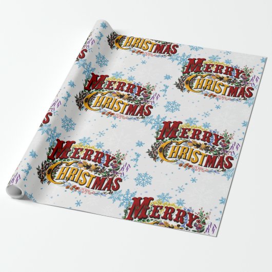 Vrolijk kerstfeest met ijsblauwe sneeuwvlokken cadeaupapier (Uitgerold)