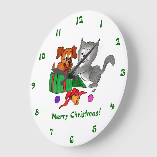 Vrolijk kerstfeest met kat en hond grote klok (Hoek)