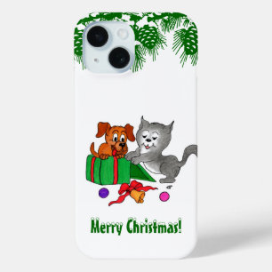 Vrolijk kerstfeest met kat en puppy iPhone 15 case