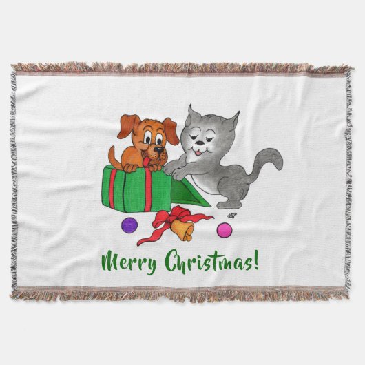 Vrolijk kerstfeest met kat en puppy deken (Voorkant)