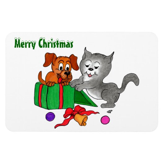 Vrolijk kerstfeest met kat en puppy magneet (Horizontaal)
