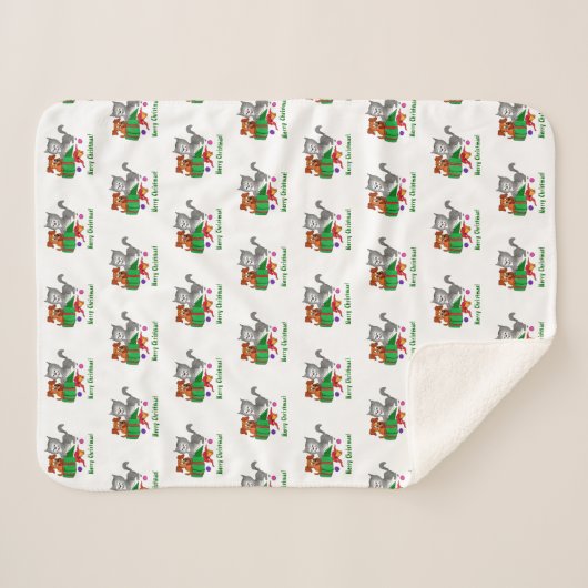 Vrolijk kerstfeest met kat en puppy sherpa deken (Voorkant (horizontaal))