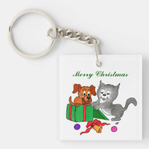 Vrolijk kerstfeest met kat en puppy sleutelhanger