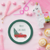 Vrolijk kerstfeest met kerstboom rood papieren bordje (Feest)