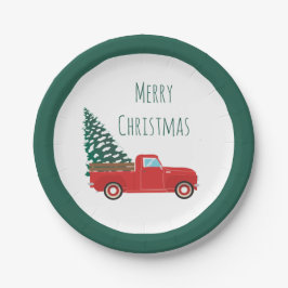 Vrolijk kerstfeest met kerstboom rood papieren bordje