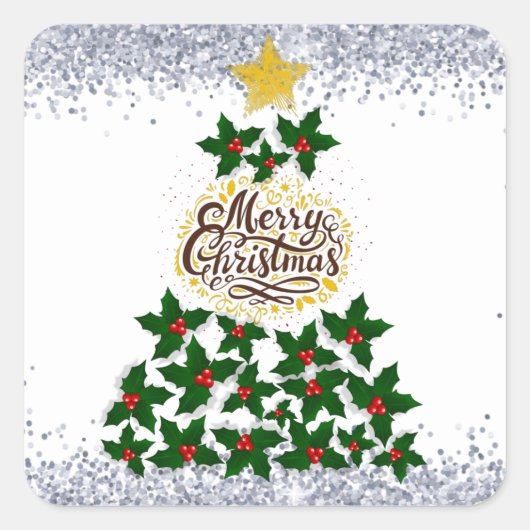 Vrolijk kerstfeest met kerstboom vierkante sticker (Voorkant)