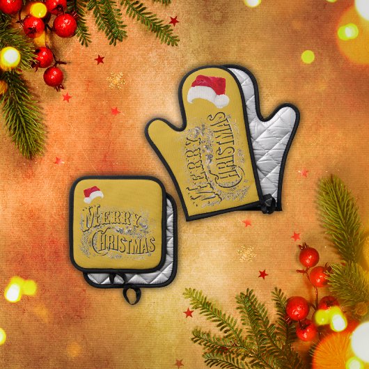 Vrolijk kerstfeest - , met kerstmuts | ovenwant & pannenlap set