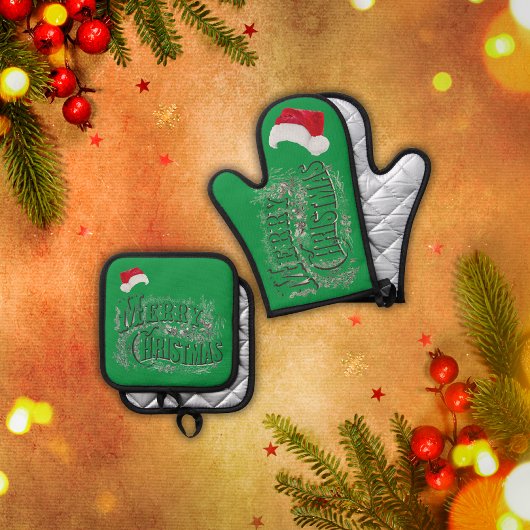 Vrolijk kerstfeest - , met kerstmuts | ovenwant & pannenlap set