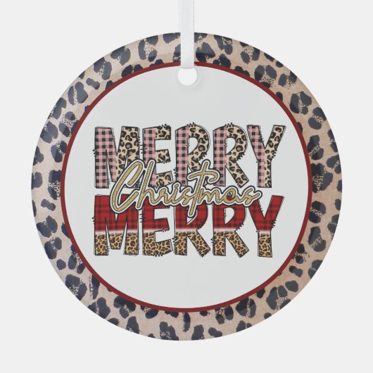 Vrolijk kerstfeest met luipaard en plaid print glas ornament (Voorkant)