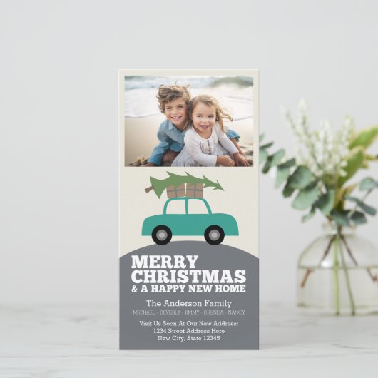 Vrolijk kerstfeest met nieuw thuisadres verplaatse feestdagenkaart (Staand voorkant)