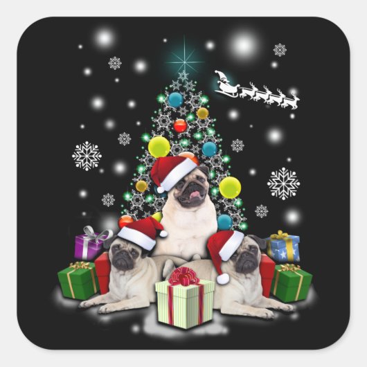 Vrolijk Kerstfeest met Pug Dog Animal Vierkante Sticker (Voorkant)