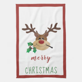 Vrolijk kerstfeest met rendierlijk mistletoe rood  theedoek
