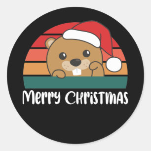 Vrolijk kerstfeest met Retro Beaver Ronde Sticker
