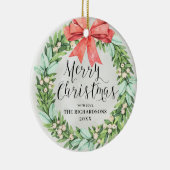 Vrolijk kerstfeest met rode bow Familienaam Elegan Keramisch Ornament (Rechts)