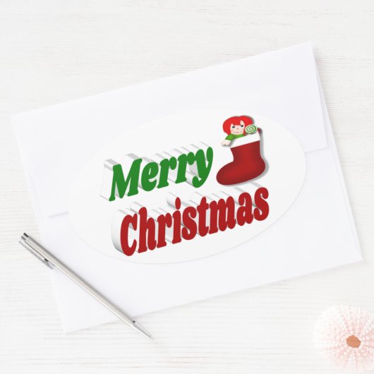 Vrolijk kerstfeest met rode groene typografie ovale sticker (Envelop)