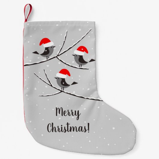 Vrolijk kerstfeest met rode kerststaart met vogels kleine kerstsok (Voorkant)