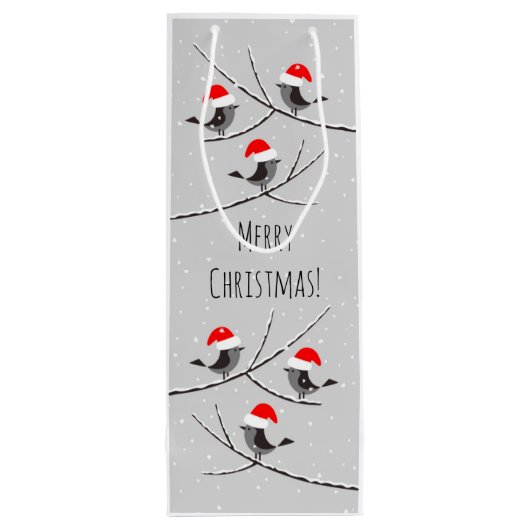 Vrolijk kerstfeest met rode kerststaart met vogels wijn cadeautas (Achterkant)