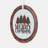 Vrolijk kerstfeest met rood, groen en zwart plaid glas ornament (Voorkant links)