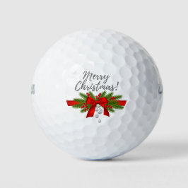 Vrolijk kerstfeest met rood lint cadeau golfer golfballen