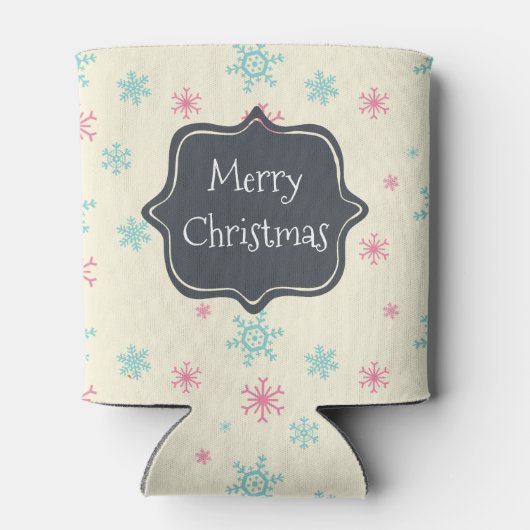Vrolijk kerstfeest met roze en blauwe sneeuwvlokke blikjeskoeler (Achterkant)