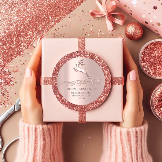 Vrolijk kerstfeest met RSVP Roos Deer Pink Ronde Sticker