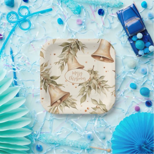 Vrolijk kerstfeest met rustieke klokken en bladere papieren bordje (Feest)