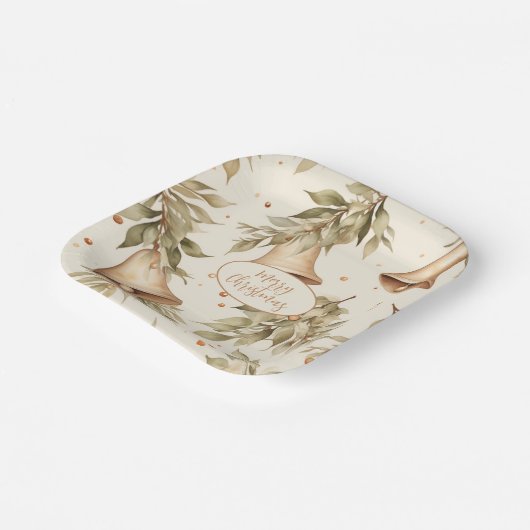 Vrolijk kerstfeest met rustieke klokken en bladere papieren bordje (Gebogen)