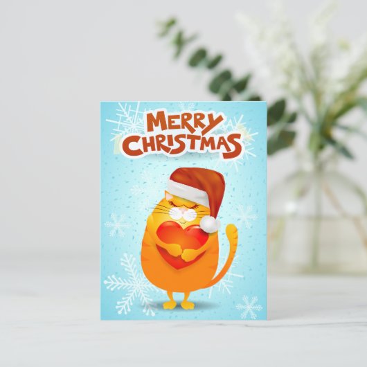 Vrolijk kerstfeest met schattige poes en het pet v feestdagenkaart (Staand voorkant)
