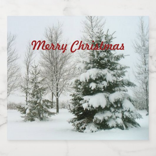 Vrolijk kerstfeest, met sneeuw belaste fierbomen bier etiket (Enkel label)