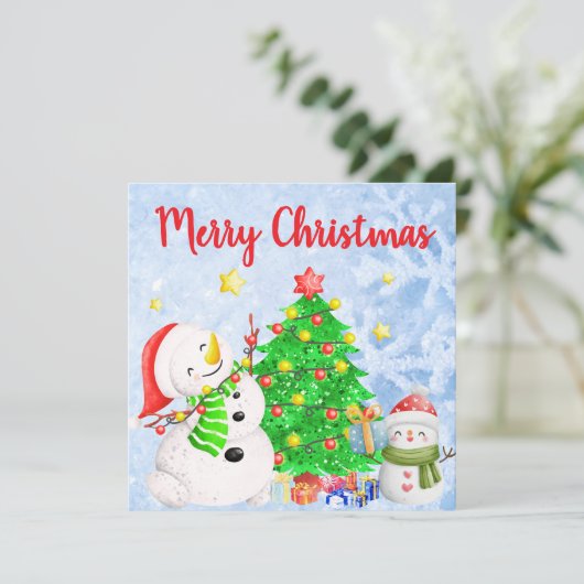 Vrolijk Kerstfeest met Sneeuwman & Kind met Boom Kaart (Staand voorkant)