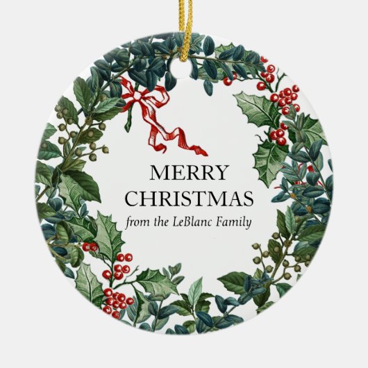 Vrolijk kerstfeest met speciaal aangepast rood bor keramisch ornament (Voorkant)