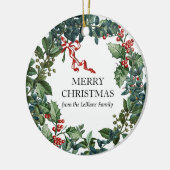 Vrolijk kerstfeest met speciaal aangepast rood bor keramisch ornament (Links)