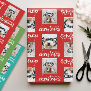Vrolijk kerstfeest met twee vierkante foto's met d inpakpapier vel