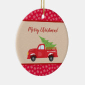 Vrolijk kerstfeest met vrachtwagen en boom, famili keramisch ornament (Rechts)