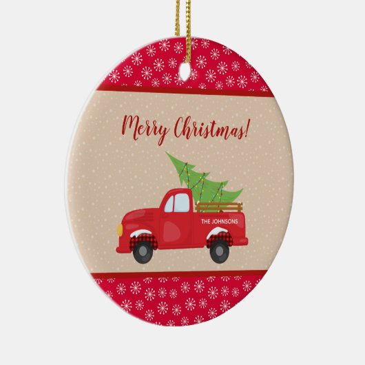 Vrolijk kerstfeest met vrachtwagen en boom, famili keramisch ornament (Rechts)