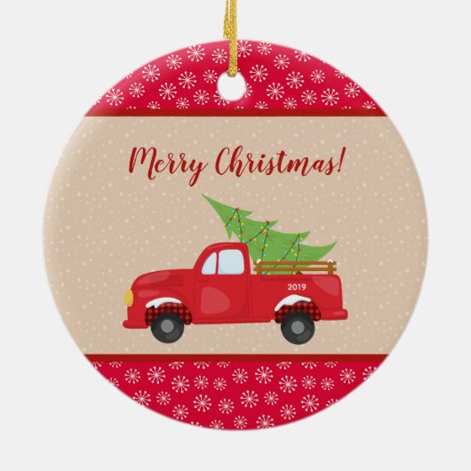 Vrolijk kerstfeest met vrachtwagen en boom, famili keramisch ornament (Achterkant)