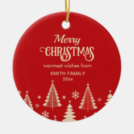 Vrolijk Kerstfeest mideeuw rode beige bomen foto Keramisch Ornament