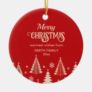 Vrolijk Kerstfeest mideeuw rode beige bomen foto Keramisch Ornament