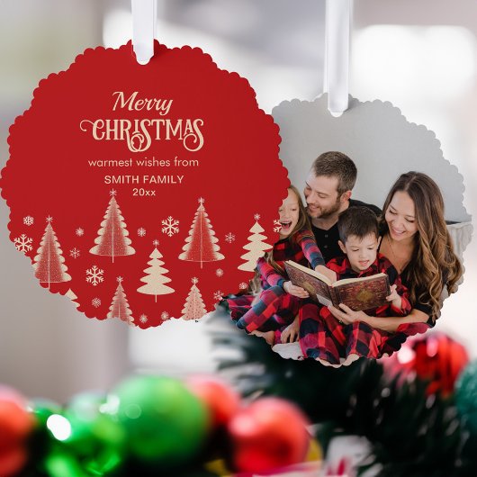 Vrolijk Kerstfeest mideeuw rode beige bomen foto Ornament Kaart