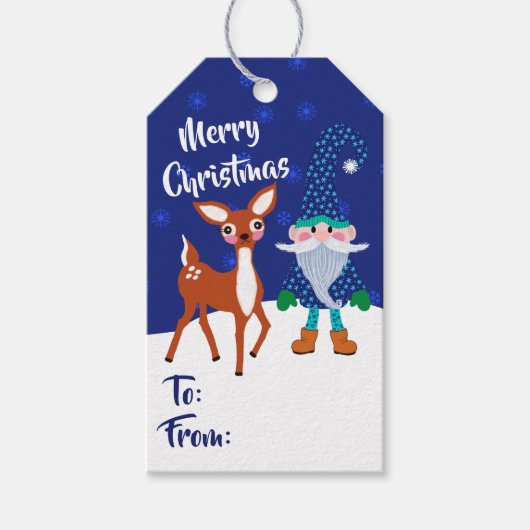 Vrolijk kerstfeest, Midnight Blue Gnome Cute Deer Cadeaulabel (Voorkant)