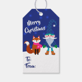 Vrolijk kerstfeest Midnight Blue Gnome en Cute Fox Cadeaulabel