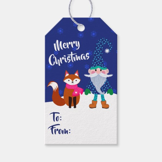 Vrolijk kerstfeest Midnight Blue Gnome en Cute Fox Cadeaulabel (Voorkant)