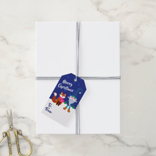 Vrolijk kerstfeest Midnight Blue Gnome en Cute Fox Cadeaulabel (Met Touw)