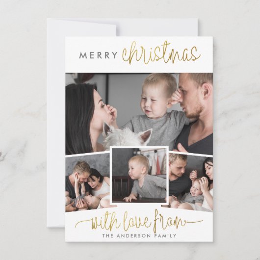 Vrolijk kerstfeest | Minimale Gold 4-fotocollage Feestdagenkaart (Voorkant)