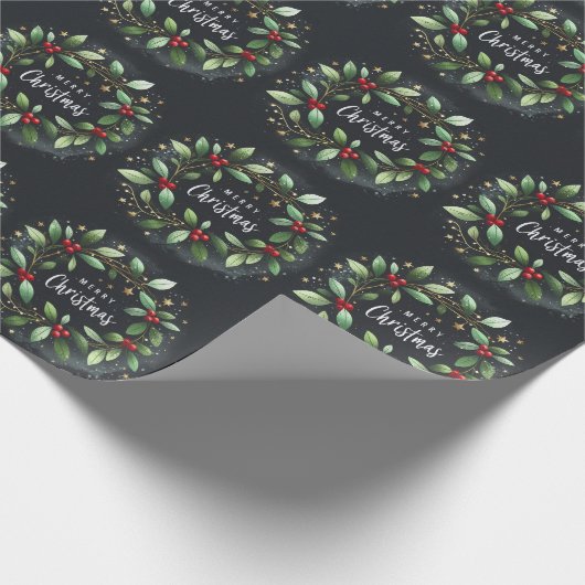 Vrolijk kerstfeest Mistletoe Wreath Cadeaupapier (Hoek)